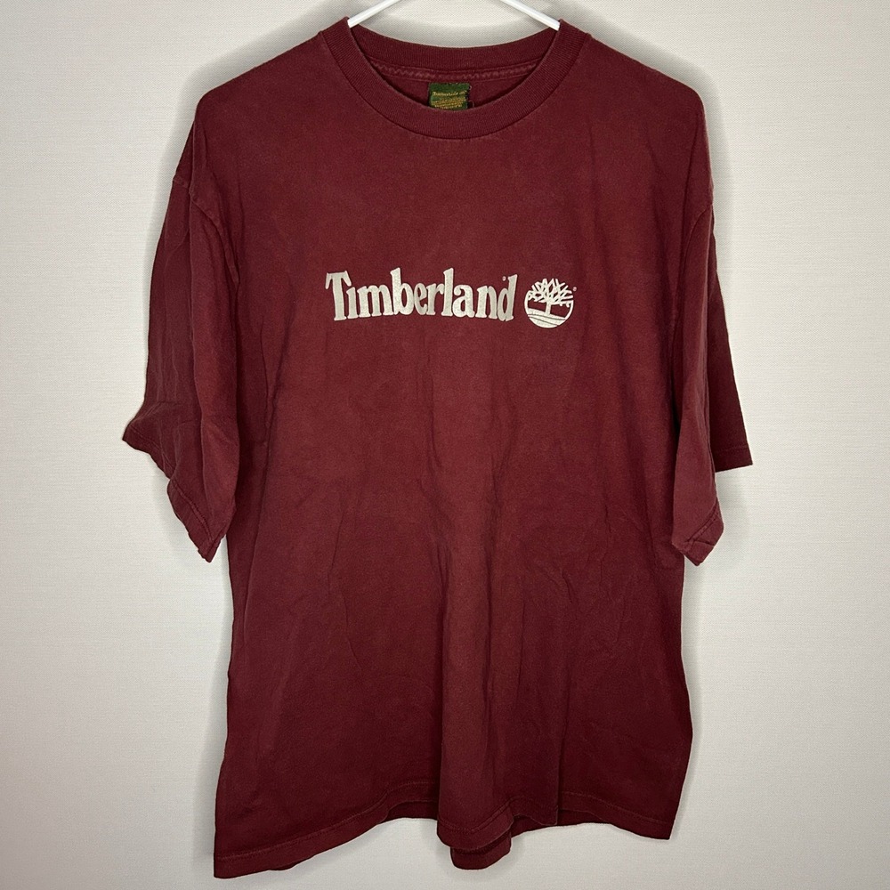 Timberland T-Shirt Mens Large Burgundy 100% Cotton Crew Neck USA Streetwear